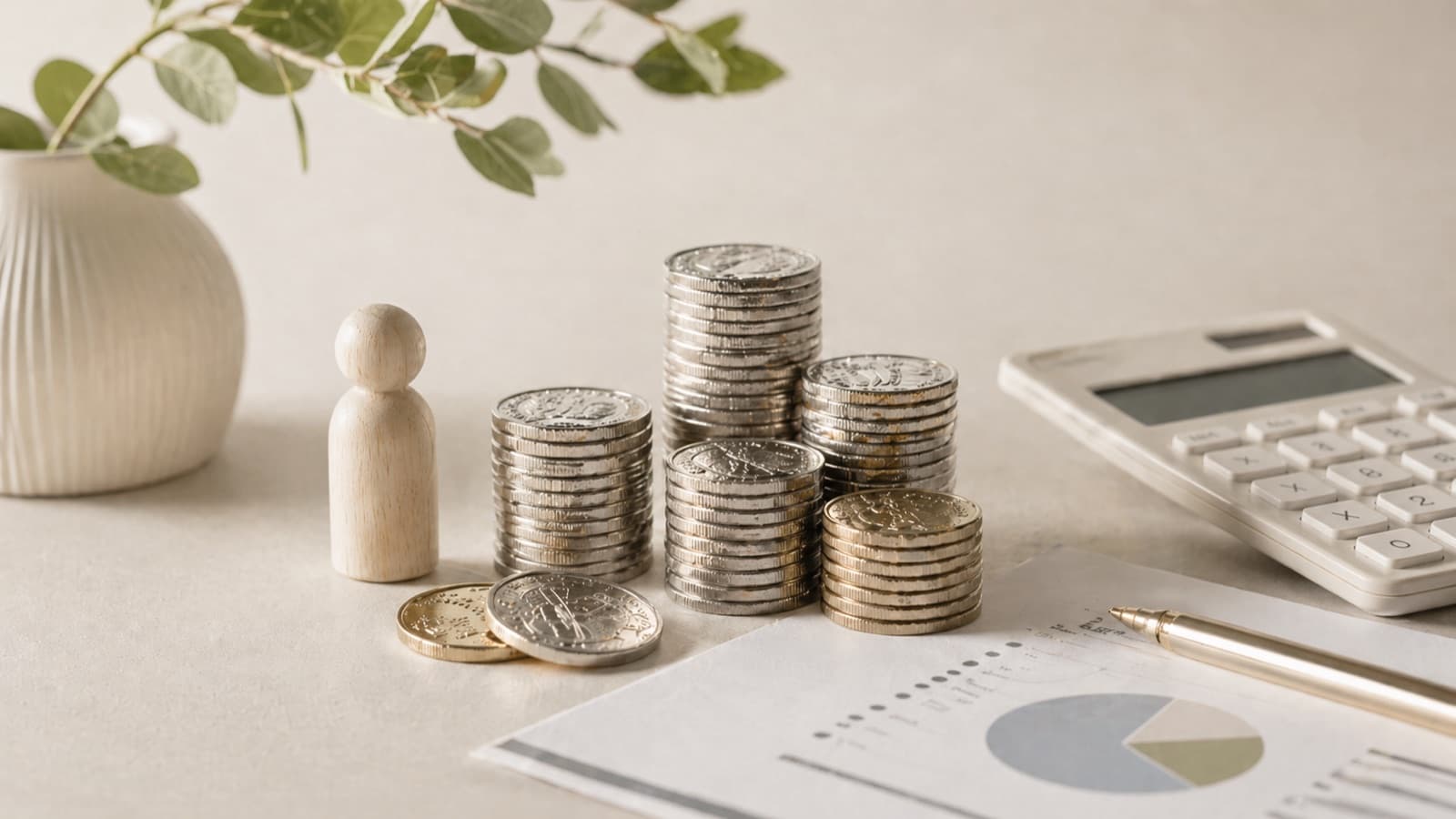Träfigur intill staplar med silver- och guldmynt, miniräknare och rapport med diagram — bildlig representation av kostnaden för en anställd
